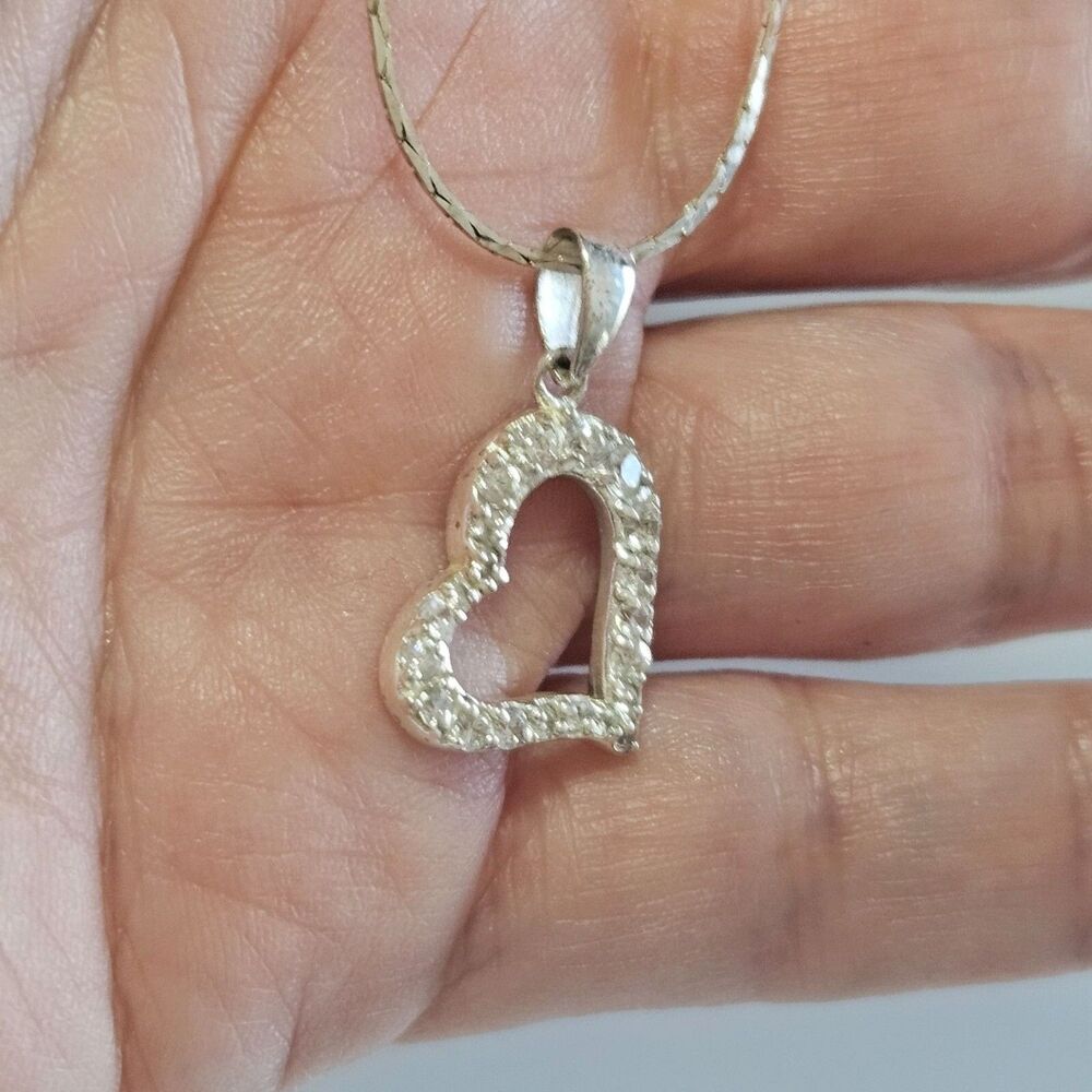 Sterling Silver Open Heart Clear CZ Pendant Necklace 19"